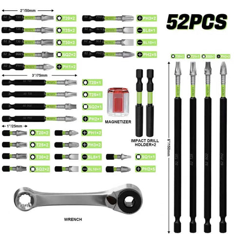 52-piece impact screwdriver bit set with magnetic bits, magnetizer, extension rods, wrench; four-in-one length system for electronics.