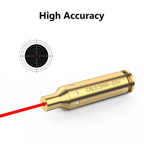 Red Laser Bore Sighter For 6.5 Creedmoor Caliber, brass casing with laser beam, target in background, high accuracy text