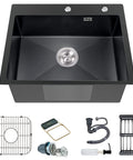 Black Stainless Steel Drop In All In One Kitchen Sink Kit With One Large Single Bowl 22 By 18 By 9 Inch Includes Soap Dispenser
