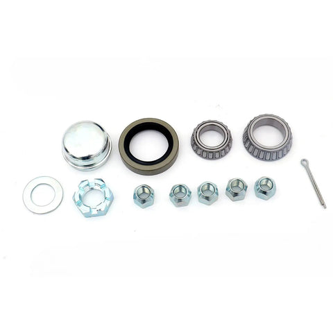 Trailer Hub Spindle Kit For 5 Bolt 4.5 Inch Bolt Circle On 3500 Lb Axles With 1 3 8 Inch To 1 1 16 Inch Tapered Spindles Outer Races Preinstalled
