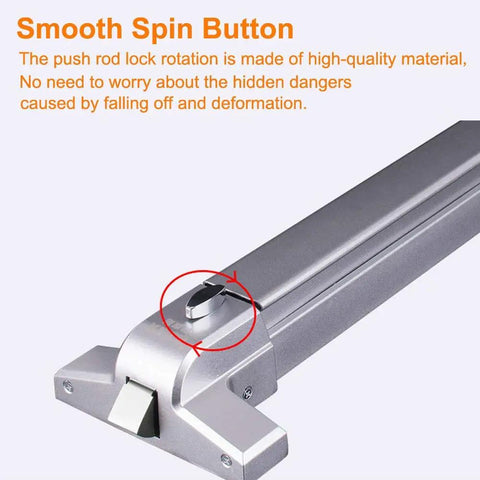 Close-up of stainless steel push bar panic exit device with exterior lever, showing smooth spin button for emergency lock.