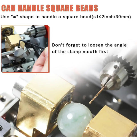 Trade In The Hand Crank Hustle For This 680W Professional Jewelry Drill Press And Pearl Hole Punching Machine High Speed Bead Borer For Stone Metal And Gems Rock Solid Benchtop Action showing clamp and drill for square beads.