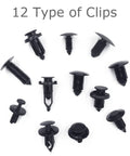 Rig Ready Black Nylon Push Type Retainer Clip Assortment Kit For Auto Bumper Fender Liner Trim Panel Fasteners showing 12 clip types.