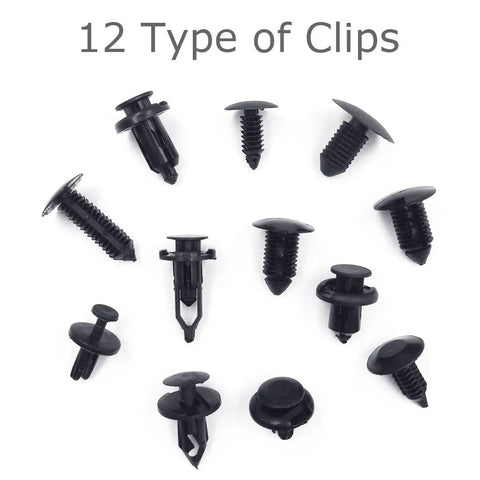 Rig Ready Black Nylon Push Type Retainer Clip Assortment Kit For Auto Bumper Fender Liner Trim Panel Fasteners showing 12 clip types.