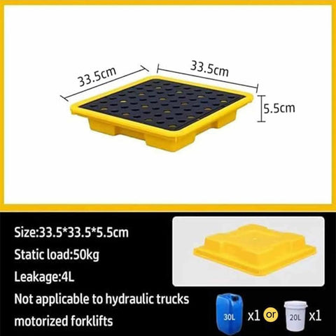 Heavy Duty Polyethylene Spill Containment Pallet For Drums Non Slip Indoor Outdoor Tray in yellow, 33.5x33.5x5.5 cm size.