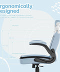 Side view of light blue ergonomic desk chair with lumbar support, flip up armrests, and teddy bear for size reference.