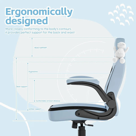 Side view of light blue ergonomic desk chair with lumbar support, flip up armrests, and teddy bear for size reference.