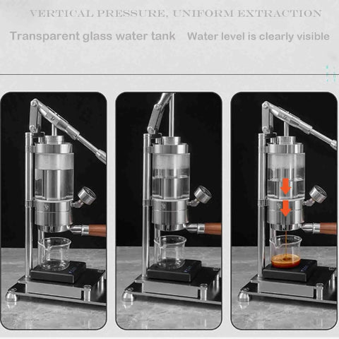 Top Shelf Manual Espresso Machine With 58mm Standard Filter Basket And Adjustable Pressure Gauge, showcasing transparent glass water tank.