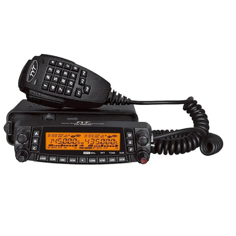 Quad Band 50W Cross Band Car Ham Radio With Alphanumeric Display CTCSS DCS DTMF 2 Tone 5 Tone FM Transceiver Covers 10M 6M 2M And 70CM Bands Remote Mount Ready High Power Mobile Radio For Enthusiasts showing control panel and mic