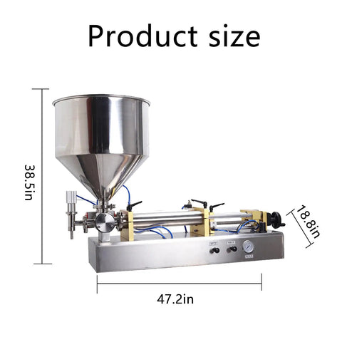 Rugged Single Head Pneumatic Paste Filler Machine With Slick 30 Liter Hopper And Stainless Steel Piston Pump, dimensions 47.2in x 18.8in x 38.5in.