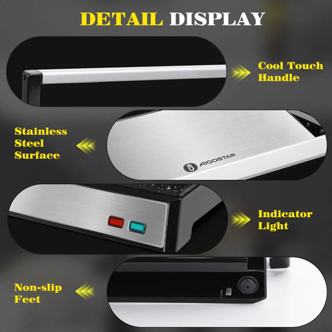 Detail display of Aigostar 1200W Panini Press Sandwich Maker With Ceramic Non Stick Plates showing stainless steel surface and cool touch handle.
