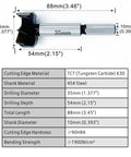 Image showing dimensions and specifications of a 35 Millimeter Tungsten Carbide Wood Hole Saw Auger Drill Bit With Arc Curve Head.