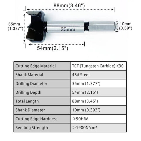 Image showing dimensions and specifications of a 35 Millimeter Tungsten Carbide Wood Hole Saw Auger Drill Bit With Arc Curve Head.