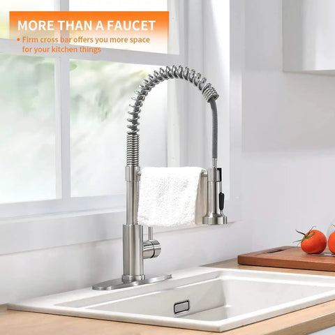 Low Lead Commercial Kitchen Faucet With Solid Brass Construction, Single Handle Pull Out Sprayer, Brushed Nickel Finish