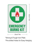 Emergency Burn Care Sign 8x12 Inches Aluminum Warning Plate with green cross and flame symbol for safety awareness.