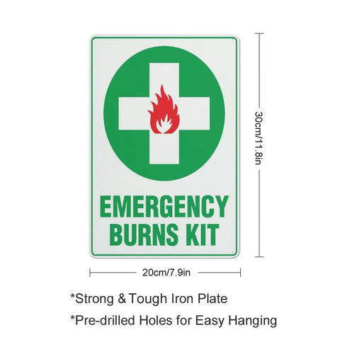 Emergency Burn Care Sign 8x12 Inches Aluminum Warning Plate with green cross and flame symbol for safety awareness.