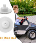Plastic Gear Set For RS550 And RS390 Motors with ride-on toy, showing small plastic gear and child driving the vehicle
