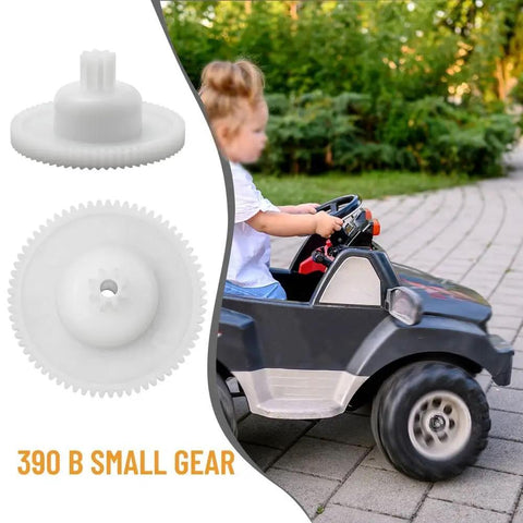 Plastic Gear Set For RS550 And RS390 Motors with ride-on toy, showing small plastic gear and child driving the vehicle