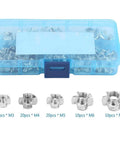 Heavy Duty Carbon Steel T Nut Kit for Woodworking and Furniture, 80 Piece Set with M3 M4 M5 M6 M8 Tee Nuts, Zinc Plated shown in box