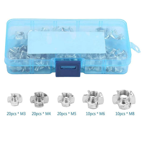 Heavy Duty Carbon Steel T Nut Kit for Woodworking and Furniture, 80 Piece Set with M3 M4 M5 M6 M8 Tee Nuts, Zinc Plated shown in box