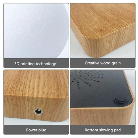 Close-up of levitating moon lamp base with wood grain finish, 3D printed moon surface, power plug, and bottom slowing pad.