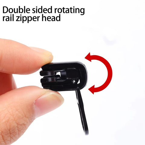 Close-up of double-sided slider from Zipper Repair Kit Six Piece Set With Three Slider Sizes 3 5 And 8 And Double Sided Sliders For Quick No Sew Fix On Jackets Luggage And Backpacks For DIY Home And Outdoor Use.