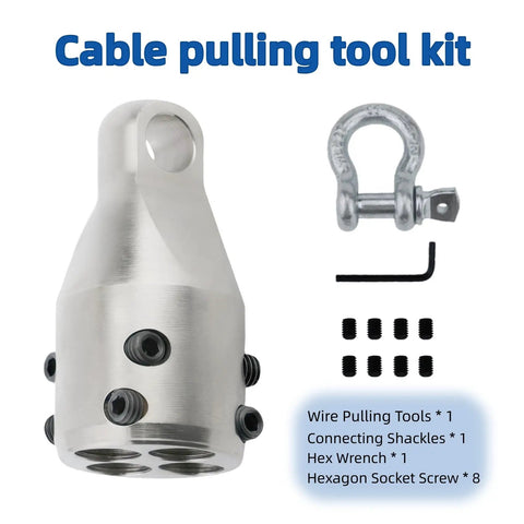 Heavy Duty Penguin Wire Pulling Grip For Electrical Cable Installation kit with stainless steel grip, shackles, wrench, and screws.