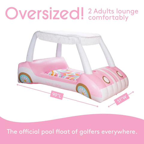 Oversized Inflatable Golf Cart Pool Float With Removable Fringe Canopy And Retro Styling Heavy Duty Vinyl for two adults lounging.