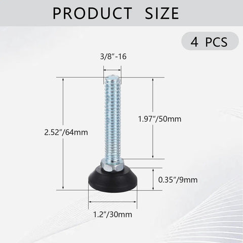 Product size diagram of Solid 4 Pack Three Eighths Inch Sixteen Thread Furniture Levelers, 50mm Adjustable Screw In Feet.