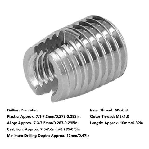 Self Tapping Stainless Steel Thread Repair Inserts Kit, Slotted Wire Thread Inserts For Quick Fixes In Aviation, Automotive, Marine, And Industrial Machinery, Easy Install, Durable Repair For Stripped Threads, M5x0.8, M8x1.0, 10mm insert
