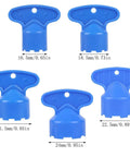 Universal Faucet Aerator Remover Tool Set With Five Heavy Duty Keys showing 5 blue ABS keys for sink cleanup, sizes labeled.