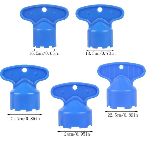Universal Faucet Aerator Remover Tool Set With Five Heavy Duty Keys showing 5 blue ABS keys for sink cleanup, sizes labeled.