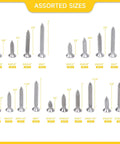 Assorted sizes of screws from 542 Piece Stainless Steel Screw Kit With Phillips Flat Head Screws In Sizes Four Through Twelve For Woodworking And Metal Projects Including Self Tapping Screws Made From 304 Stainless Steel For Home DIY