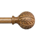 Wood Curtain Rod Set With Adjustable 36 To 120 Inch Length, 1 Inch Diameter, Imitation Wood Grain Finish, Leaf Pattern Finials, close-up view