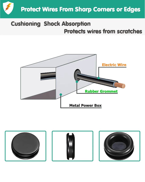 Rubber Grommet Kit 200 Pack With 7 Sizes For Firewall Holes And Cable Management in use on electric wire through metal box