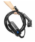 32 Amp Level 2 Portable EV Charger With Smart Temperature Control shown held by hand, featuring a coiled charging cable and plug