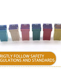 Heavy Duty Automotive Blade Fuses 6 Piece Color Coded Combo Kit With Waterproof Housing 20A To 60A Amp Rating 32V Max Voltage For Cars Trucks SUV showing color coded fuses.