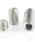 DIY Ready M3 Grub Screws 8mm 0.5mm Pitch, Headless Cup Point And Flat Point Internal Hex Drive, 304 Stainless Steel, visible in image.