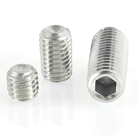 DIY Ready M3 Grub Screws 8mm 0.5mm Pitch, Headless Cup Point And Flat Point Internal Hex Drive, 304 Stainless Steel, visible in image.