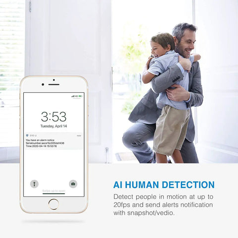 Indoor Smart Camera With 1080P HD Video AI Human Detection Night Vision Two Way Audio 2.4 GHz WiFi Nanny Cam promo image with phone alert.