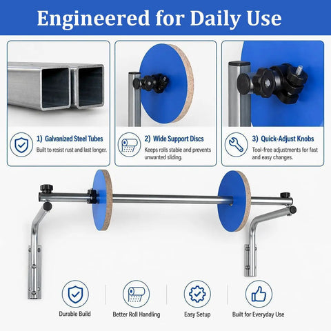 Kickass Heavy Duty Wall Mount Bubble Wrap Roll Dispenser showcasing galvanized steel tubes and wide support discs for stability.