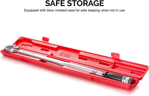 Beefy Three Quarter Inch Drive Torque Wrench With Fifty To Three Hundred Foot Pound Range in red case