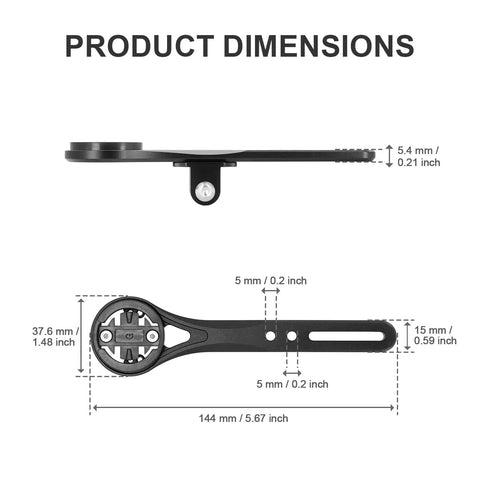 Aero Integrated Out Front Handlebar Mount System for Bikes, side and top view with dimensions 5.67 x 1.48 x 0.21 inches.