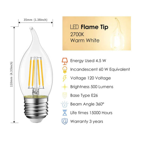 Flame Tip LED Filament Candle Bulbs 4.5W Dimmable E26 Base Ideal For Candelabra And Chandelier Lamps 60W Equivalent B11 Size Warm