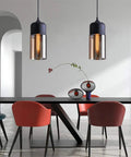 Industrial Farmhouse Pendant Light With Black Finish And Amber Cylinder Shade For Kitchen Island, Dining Room, Hallway