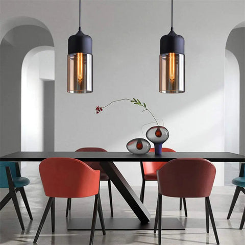 Industrial Farmhouse Pendant Light With Black Finish And Amber Cylinder Shade For Kitchen Island, Dining Room, Hallway