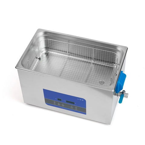 Fully Automatic Ultrasonic Cleaner For Vinyl LP And EP Discs With Badass 27 Liter Tank and 500 Watt Output featuring a stainless steel tank and mesh basket.