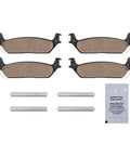 Rear Ceramic Brake Pads Kit Fits Ford F-150 2004-2011 And Lincoln Mark LT 2006-2008 Quiet Low Dust Long Lasting Ceramic Pads For Smooth Stopping And Reliable Braking Performance, showing four brake pads with accessories