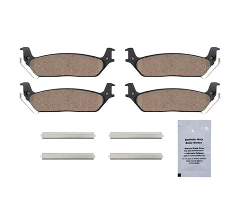 Rear Ceramic Brake Pads Kit Fits Ford F-150 2004-2011 And Lincoln Mark LT 2006-2008 Quiet Low Dust Long Lasting Ceramic Pads For Smooth Stopping And Reliable Braking Performance, showing four brake pads with accessories