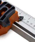 Close-up of Rip Guide with Saw Plate and Rip Handle for Circular Saws showing ruler measurements for precision cutting.
